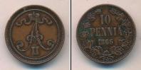 Монета 1855 – 1881 Александр II 10 пенни Медь 1866